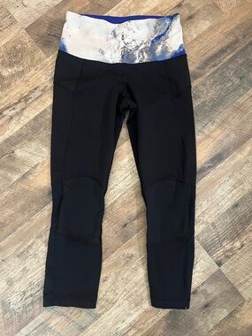 lululemon athletica Black Capri Leggings with Blue Marble Waistband